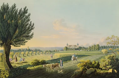Pohled na Hundisburg vyrytý Carlem Augustem Richterem (1770-1848) (rytina s wc)